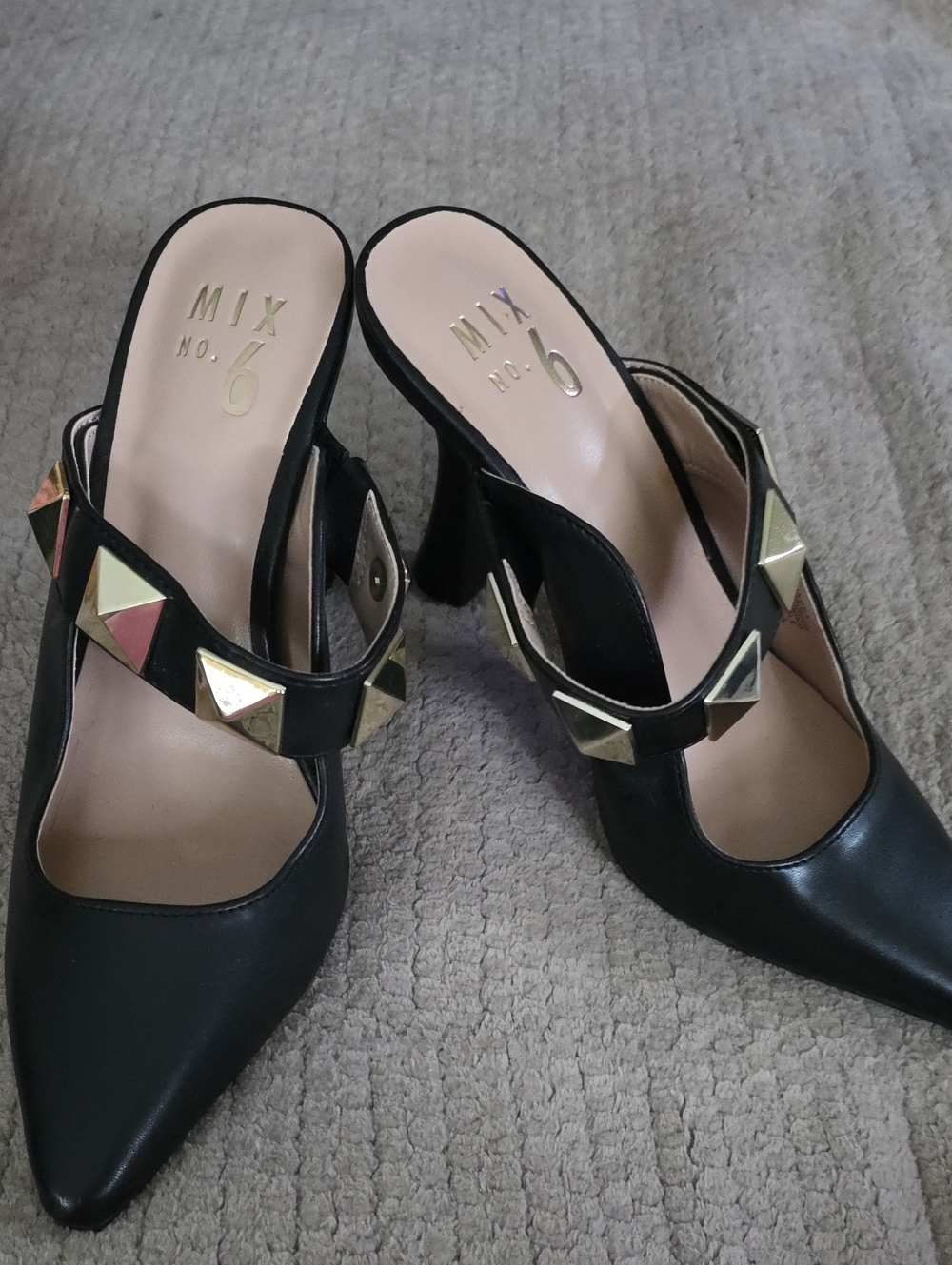Never Worn Mix No. 6 Black Pointed Mule Heels with Gold Studs
